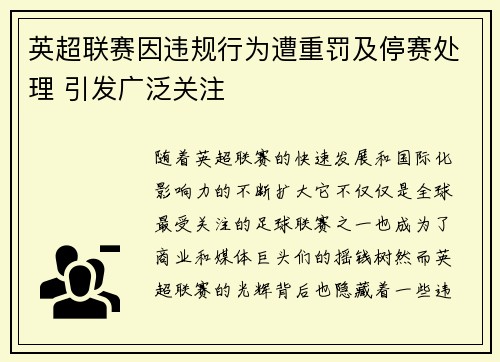 英超联赛因违规行为遭重罚及停赛处理 引发广泛关注 英超联赛因违规行为遭重罚及停赛处理 引发广泛关注