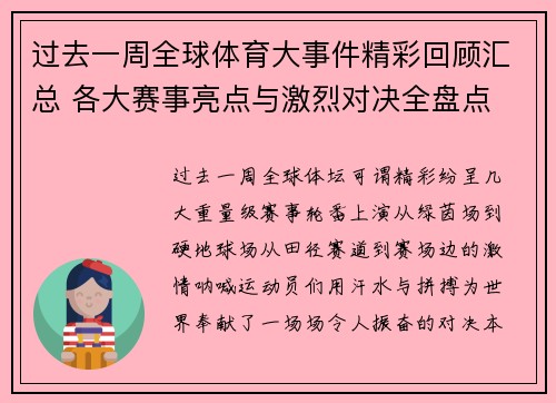 过去一周全球体育大事件精彩回顾汇总 各大赛事亮点与激烈对决全盘点